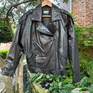 DKNY Black Retro Zip Up Belted Leather Biker Moto Jacket Women’s Sz PL